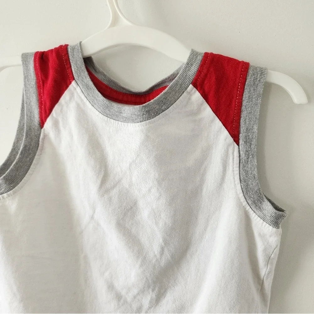 Kid sz 4T White Red Grey Colorblock Sleeveless Muscle Tank Top Sporty Summer Tee - Picture 5 of 10